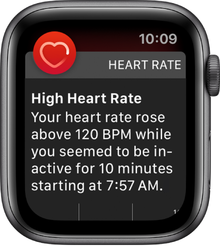 Ekrāns High Heart Rate, kurā parādīts paziņojums, ka jūsu pulss pārsniedza 120 sitienus minūtē, kamēr 10 minūtes nebijāt aktīvs.