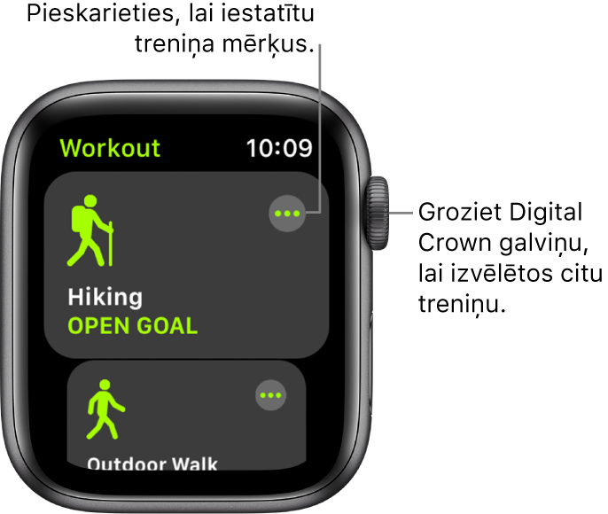 Lietotnes Workout ekrāns, kurā iezīmēta treniņa opcija Hiking. Augšējā labajā stūrī atrodas poga More. Zemāk atrodas daļējs treniņa Outdoor Walk attēlojums.