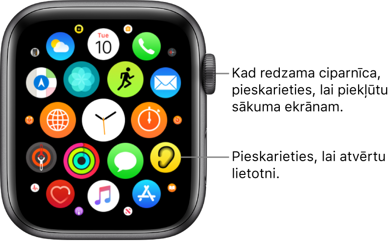 Apple Watch sākuma ekrāns režģa skatā; lietotnes ir izkārtotas klasterī. Lai atvērtu lietotni, pieskarieties tās ikonai. Velciet, lai redzētu vairāk lietotņu.