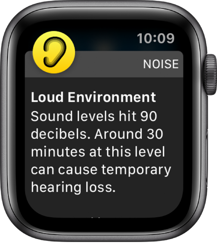 Apple Watch rāda paziņojumu par troksni. Paziņojumam piesaistītās lietotnes ikona atrodas augšējā kreisajā stūrī. Varat tai pieskarties, lai atvērtu lietotni.