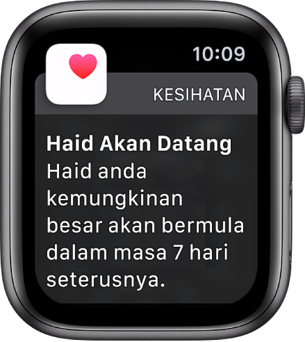 Apple Watch menunjukkan skrin ramalan kitaran yang tertulis “Haid Akan Datang. Haid anda berkemungkinan besar akan bermula dalam 7 hari seterusnya.” Butang Buka Penjejakan Kitaran muncul di bahagian bawah.
