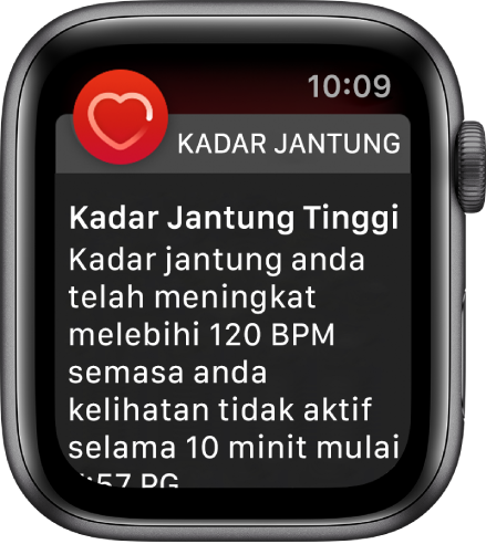 Skrin Kadar Jantung Tinggi menunjukkan pemberitahuan yang kadar jantung anda meningkat melebihi 120 BPM semasa anda tidak aktif selama 10 minit.