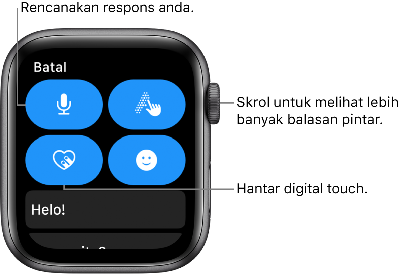 Skrin balas menunjukkan butang Perencanaan, Coretan, Digital Touch dan Emoji. Balasan pintar di bawah. Putar Digital Crown untuk melihat lebih banyak balasan pintar.