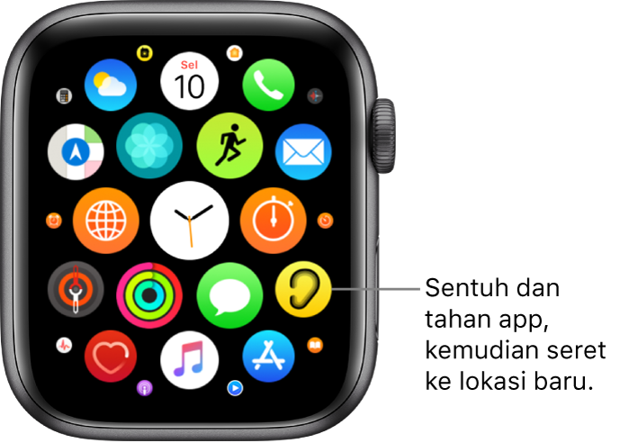 Skrin Utama Apple Watch dalam paparan grid. Petak bual bertulis “Sentuh dan tahan app, kemudian seret ke lokasi baru.”