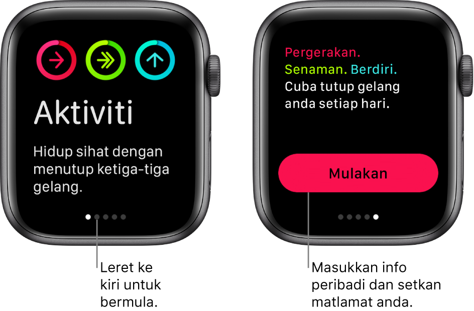 Dua skrin: Satu menunjukkan skrin pembukaan app Aktiviti, yang lain menunjukkan butang Mulakan.