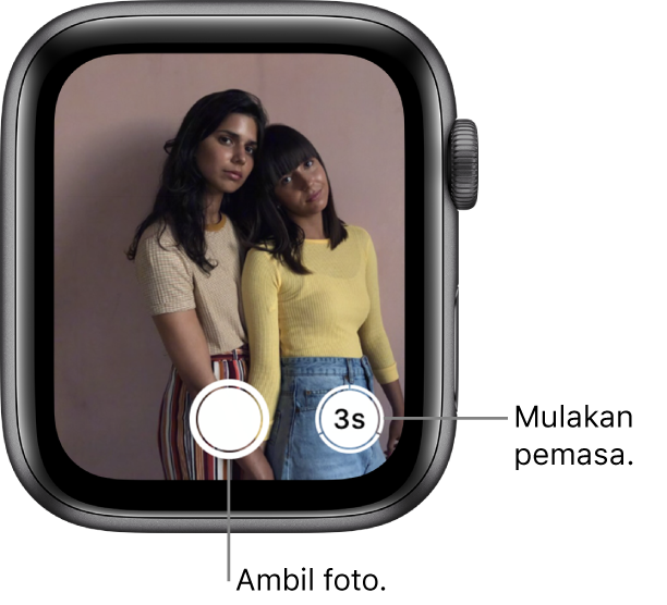 Semasa digunakan sebagai kawalan jauh kamera, skrin Apple Watch menunjukkan paparan kamera iPhone. Butang Ambil Gambar di tengah bawah manakala Ambil Gambar Selepas Tunda di kanannya. Jika anda sudah mengambil gambar, butang Pemapar Foto di kiri bawah.