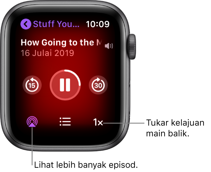 Skrin Kini Dimainkan Podcast menunjukkan tajuk rancangan, tajuk episod, tarikh, butang langkau ke belakang 15 saat, butang jeda, butang langkau ke depan 30 saat, butang episod, penunjuk kelantangan dan butang kelajuan main balik.