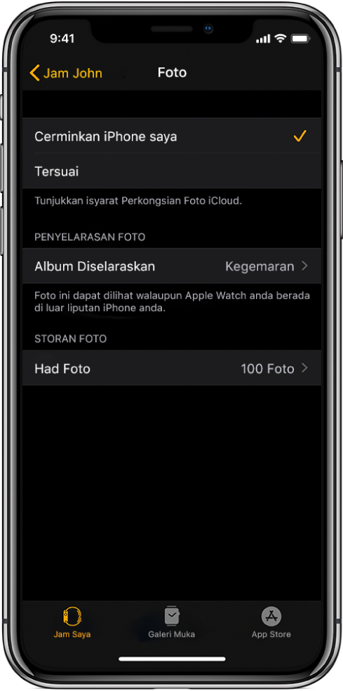 Seting foto dalam app Apple Watch pada iPhone, dengan seting Album Diselaraskan di tengah dan seting Had Foto di bawahnya.