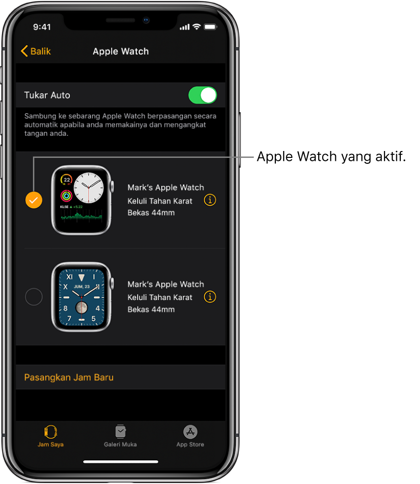 Tanda Semak menunjukkan Apple Watch yang aktif.