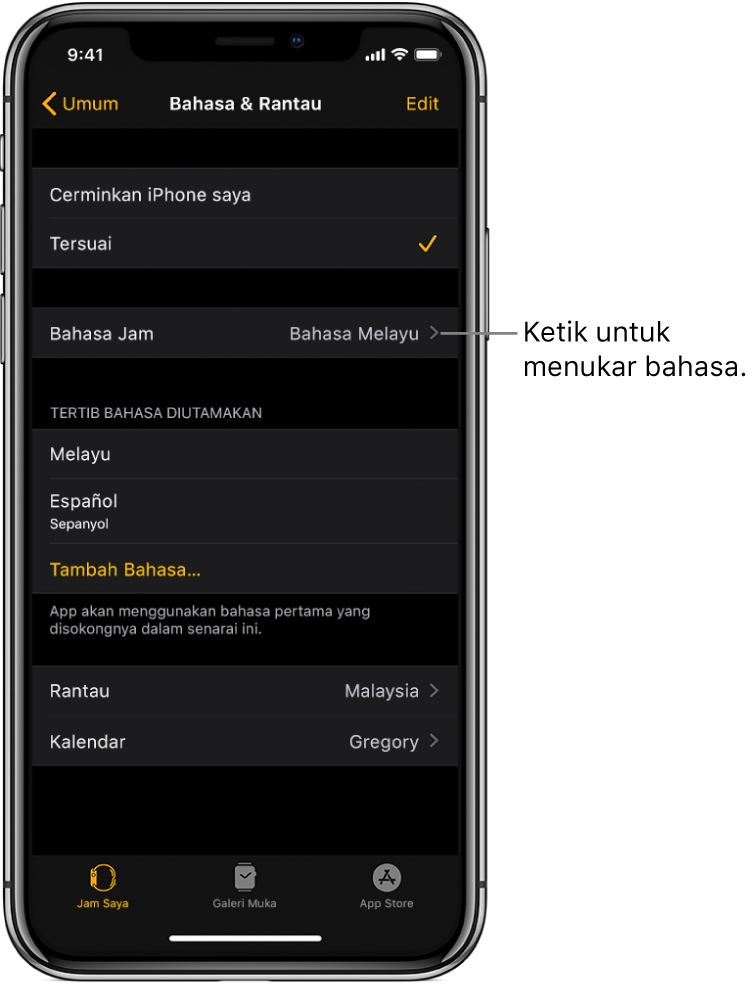 Skrin Bahasa dan Rantau dalam app Apple Watch, dengan seting Bahasa Jam berhampiran bahagian atas.