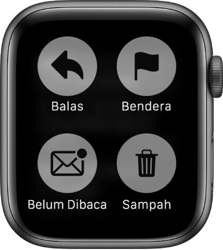 Apabila anda menekan paparan semasa melihat mesej pada Apple Watch, empat butang muncul di skrin: Balas, Bendera, Belum Dibaca dan Sampah.