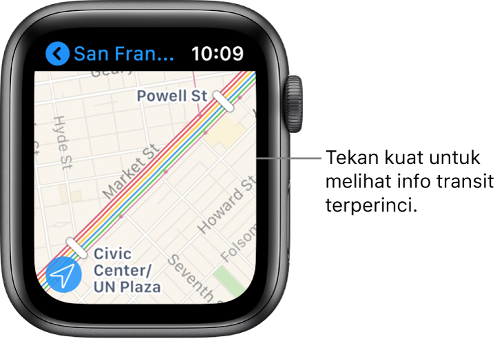 App Peta menunjukkan butiran transit, termasuk laluan dan nama hentian.