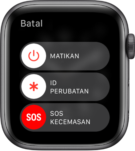 Skrin Apple Watch menunjukkan tiga gelangsar: Matikan Kuasa, ID Perubatan dan SOS Kecemasan. Seret gelangsar Matikan untuk nyahaktifkan Apple Watch