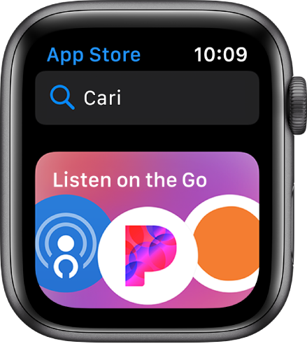 Apple Watch menunjukkan app App Store. Medan carian muncul berhampiran bahagian atas paparan dengan koleksi app di bawah.