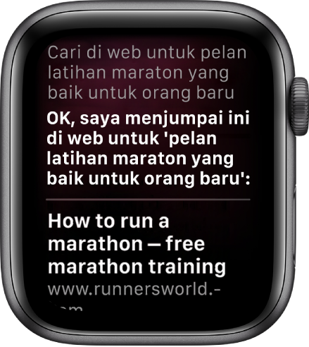 Siri membalas soalan “Apakah pelan latihan maraton yang sesuai untuk orang yang baru bermula” dengan jawapan daripada web.