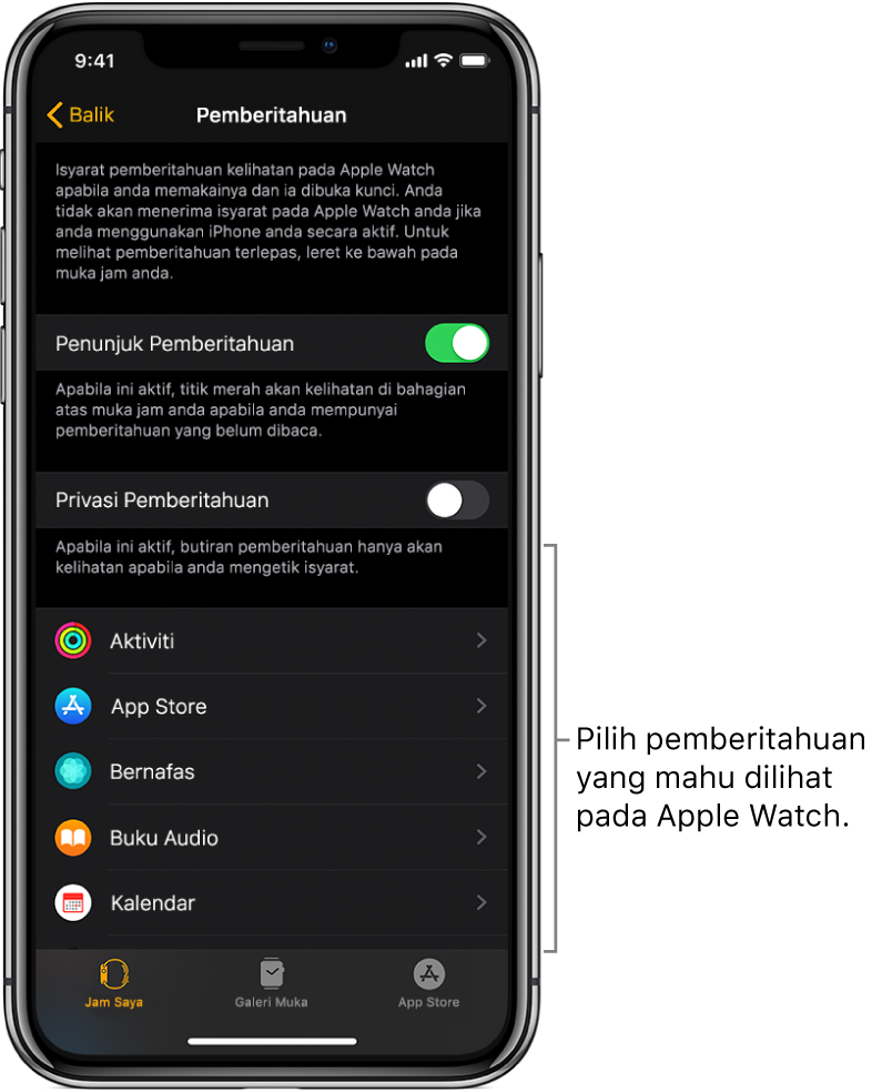 Skrin Pemberitahuan dalam app Apple Watch pada iPhone, menunjukkan sumber pemberitahuan.