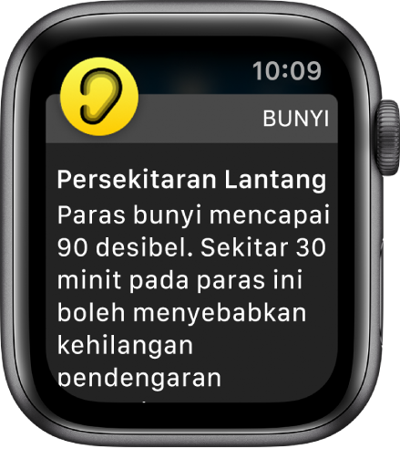 Apple Watch menunjukkan pemberitahuan Bunyi. Ikon untuk app yang berkaitan pemberitahuan kelihatan di bahagian kiri atas. Anda boleh ketiknya untuk membuka app tersebut.