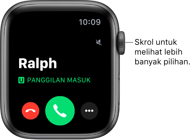Skrin Apple Watch apabila anda menerima panggilan: nama pemanggil, perkataan “Panggilan Masuk”, butang Tolak merah, butang Jawab hijau dan butang Pilihan Lanjut.
