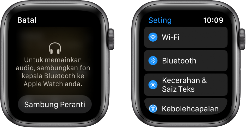 Jika anda menukar sumber audio kepada Apple Watch anda sebelum anda pasangkan speaker atau fon kepala Bluetooth, butang Sambung Peranti muncul di bahagian bawah skrin yang membawa anda ke seting Bluetooth pada Apple Watch anda, di mana anda boleh menambah peranti pendengaran.