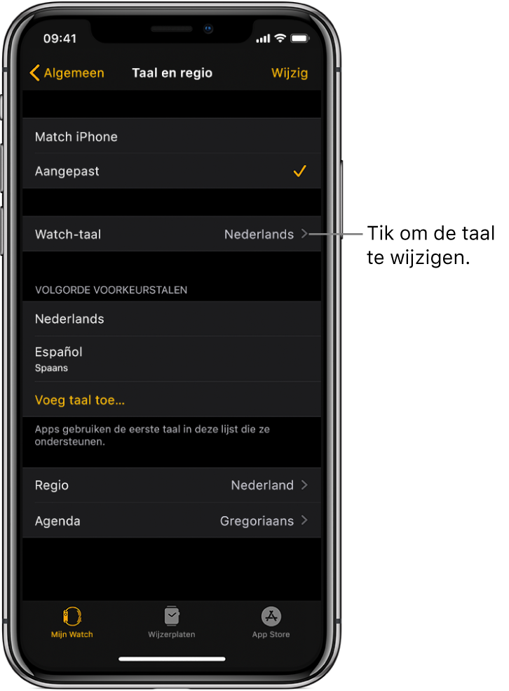 Het scherm 'Taal en regio' in de Apple Watch-app, met bovenin de instelling van de taal van de Watch.