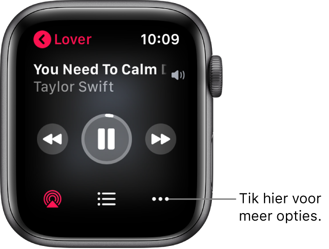 Het Huidige-scherm in de Muziek-app. Linksbovenin staat de naam van het album. Bovenin zie je de titel van het nummer en de artiest, in het midden de afspeelregelaars en onderin knoppen voor AirPlay, de tracklijst en opties.