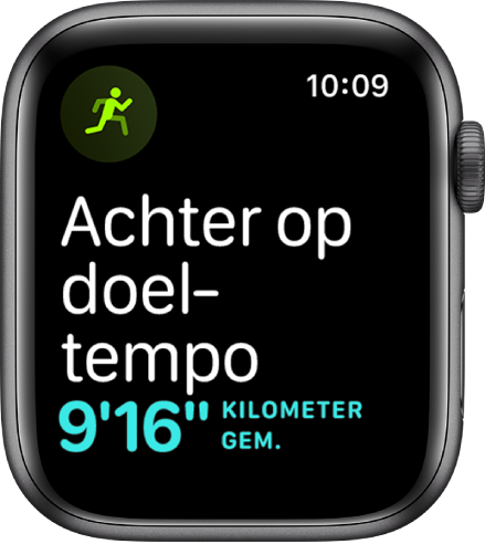 Een Work-out-scherm waarop wordt aangegeven dat je langzamer gaat dan je doeltempo.