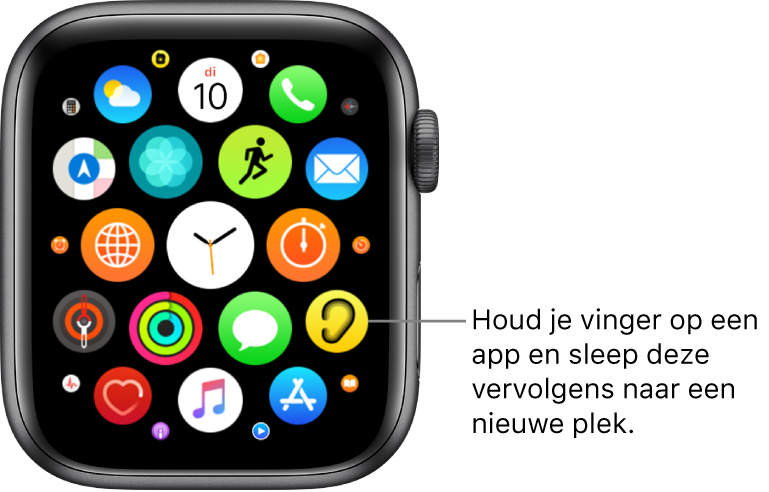 Beginscherm van de Apple Watch in de rasterweergave. Het bijschrift luidt: "Houd je vinger op een appsymbool en sleep het vervolgens naar een nieuwe plek."