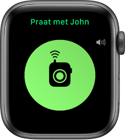 Het Walkietalkie-scherm met een knop 'Praat' in het midden, een volume-indicator rechtsbovenin en "Praat met John" bovenin.