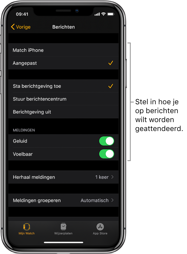 Instellingen voor berichten in de Apple Watch-app op de iPhone. Je kunt instellen of meldingen moeten worden getoond, een geluidssignaal of voelbaar signaal inschakelen en meldingen herhalen.