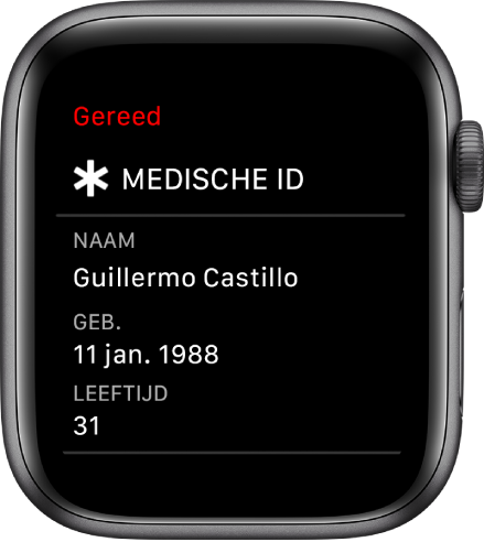 Het scherm 'Medische ID' met de naam, geboortedatum en leeftijd van de gebruiker.