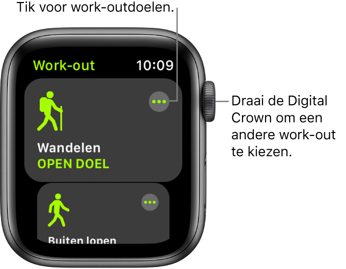 Het Work-out-scherm met de work-out 'Wandelen' geselecteerd. Rechtsbovenin bevindt zich de knop 'Meer'. Onderin is een deel van de work-out 'Buiten lopen' te zien.