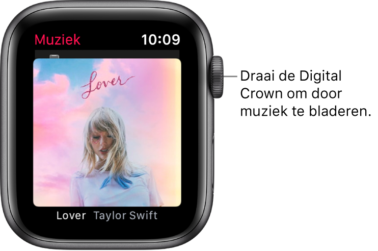 Scherm van de Muziek-app met een album en de bijbehorende albumillustratie.