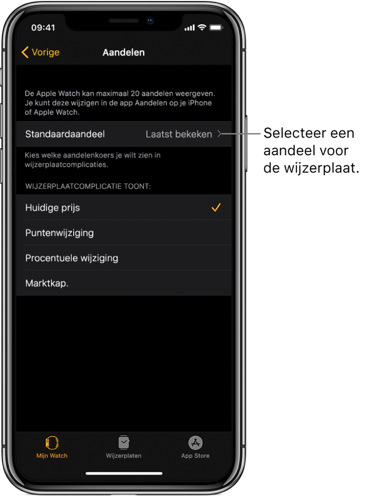 Het scherm met instellingen voor Aandelen in de Apple Watch-app op de iPhone, met de optie 'Standaardaandelen', die is ingesteld op 'Laatst bekeken'.