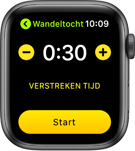 Het scherm voor het instellen van een doel, met bijna bovenin de tijd en aan weerskanten de knoppen – en +, en onderin de knop 'Start'.