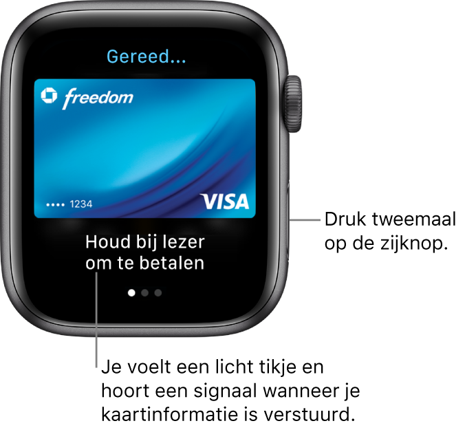 Apple Pay-scherm met bovenin 'Gereed' en onderin 'Houd bij lezer om te betalen'; je voelt een licht tikje en hoort een geluidssignaal wanneer je kaartgegevens zijn verstuurd.