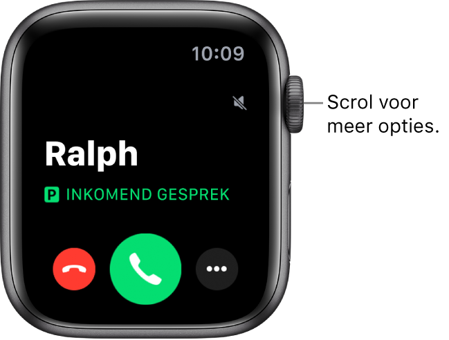 Het Apple Watch-scherm wanneer je wordt gebeld, de naam van de beller, de tekst "Inkomend gesprek", de rode weigerknop, de groene opneemknop en de knop 'Meer opties'.