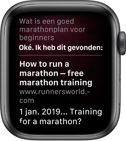 Siri beantwoordt de vraag "Wat is een goed marathonplan voor beginners?" met een antwoord van het internet.