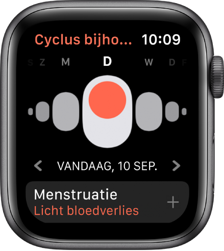 Het scherm Cyclus bijhouden met bovenin de dagen van de week, daaronder de huidige datum en onderin de knop 'Menstruatie'.