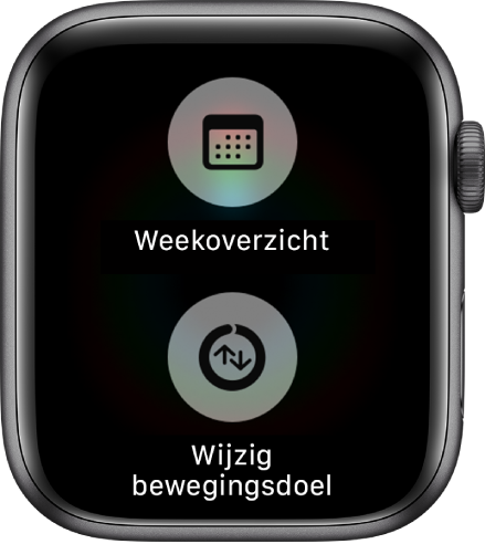 Het scherm van de Activiteit-app met de knop 'Weekoverzicht' en de knop 'Wijzig bewegingsdoel'.