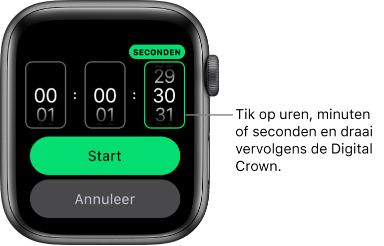 Instellingen voor een aangepaste timer, met links de uren, in het midden de minuten en rechts de seconden. Onderin bevindt zich de knop 'Start'.