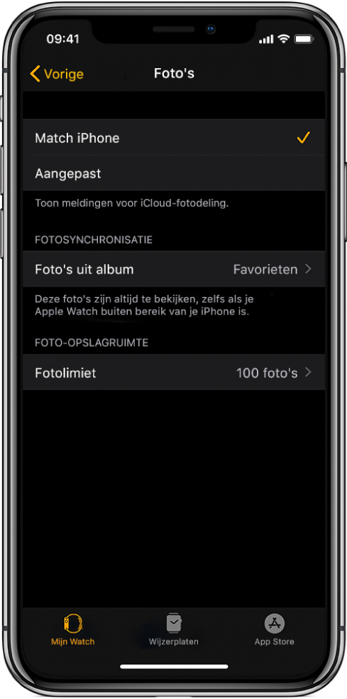 Instellingen voor Foto's in de Apple Watch-app op de iPhone, met in het midden de instelling 'Gesynchroniseerd album' en daaronder de instelling 'Fotolimiet'.