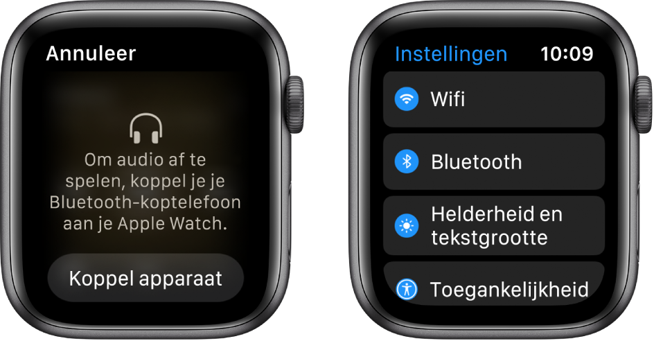 Als je de audiobron instelt op Apple Watch voordat je Bluetooth-luidsprekers of een Bluetooth-headset koppelt, verschijnt er onder in het scherm een knop 'Koppel apparaat'. Met deze knop ga je rechtstreeks naar de Bluetooth-instellingen op je Apple Watch, zodat je een luisterapparaat kunt toevoegen.