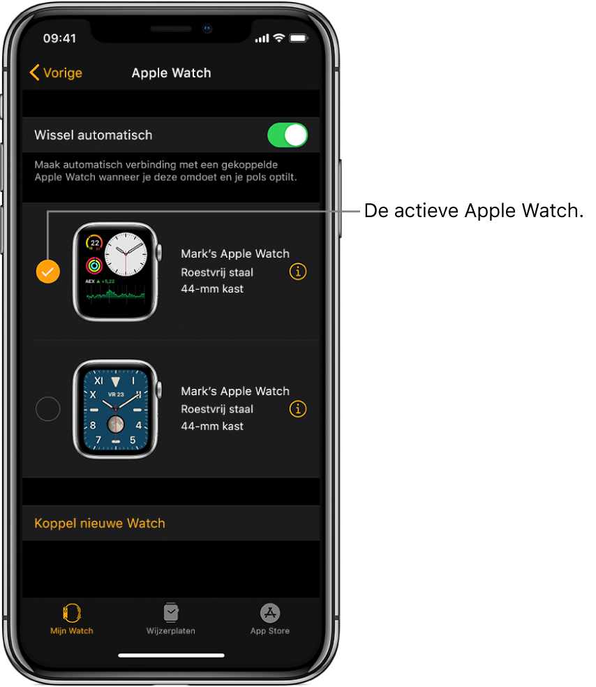 Een vinkje geeft aan welke Apple Watch actief is.