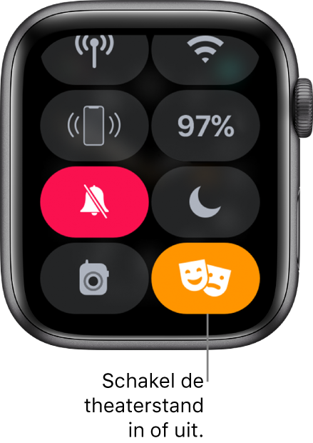 Bedieningspaneel waarin de knoppen voor de theatermodus en de stille modus zijn gemarkeerd om aan te geven dat de theatermodus is ingeschakeld.
