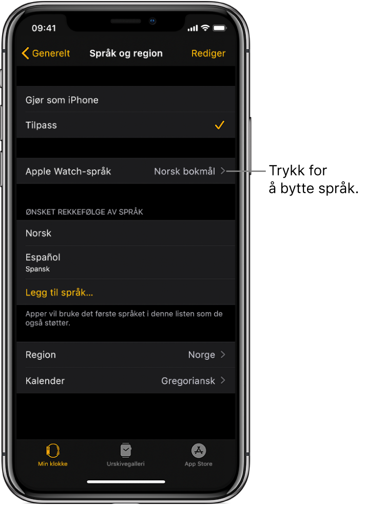 Språk og region-skjermen i Apple Watch-appen, med innstillingen for Apple Watch-språk i øvre del.