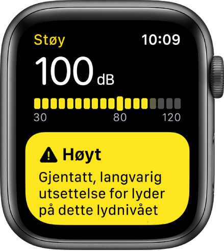 Støy-appen som viser en avlesning på 100 dB. Nedenfor vises det en advarsel om langvarig eksponering for dette støynivået.