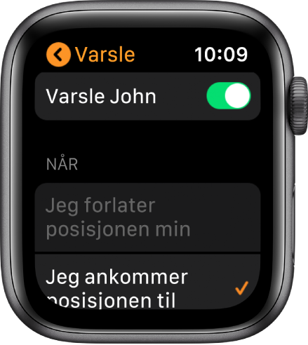 Varsle-skjermen i Finn personer-appen, Varsle er på og Når jeg ankommer John er valgt.