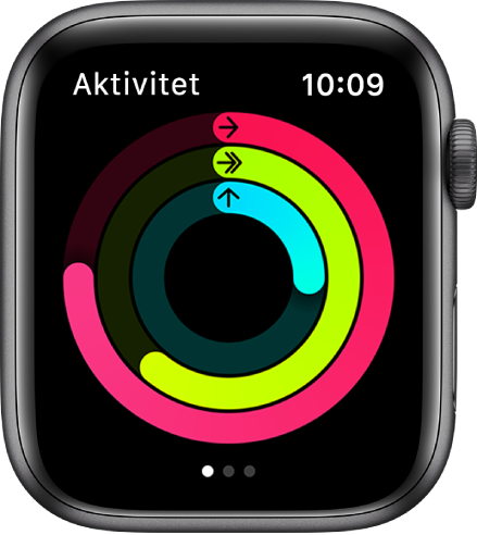 Aktivitet-skjermen, med Bevegelse-, Trening- og Oppreist-ringene.
