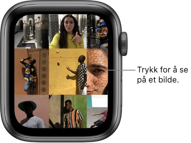 Hovedskjermen i Bilder-appen på Apple Watch, med flere bilder i et rutenett.