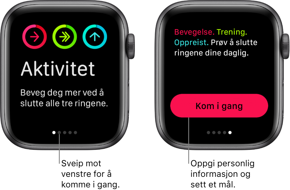 To skjermer: Én som viser åpningsskjermen på Aktivitet-appen, og én som viser Kom i gang-knappen.